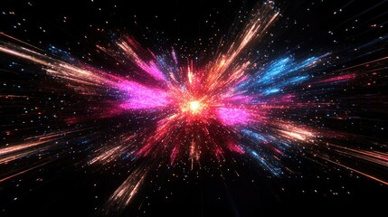 Dynamic starburst of neon light rays, galaxy explosion on black, a generative AI cosmic creation