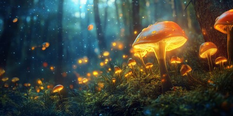 Enchanted Glowing Mushrooms in an Enchanted Forest, Evoking a Whimsical and Mystical Atmosphere Perfect for Magical Mythological Themes
