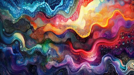 Intricate patterns and flowing waveforms in multicolored hues create a stunning, dynamic abstract piece
