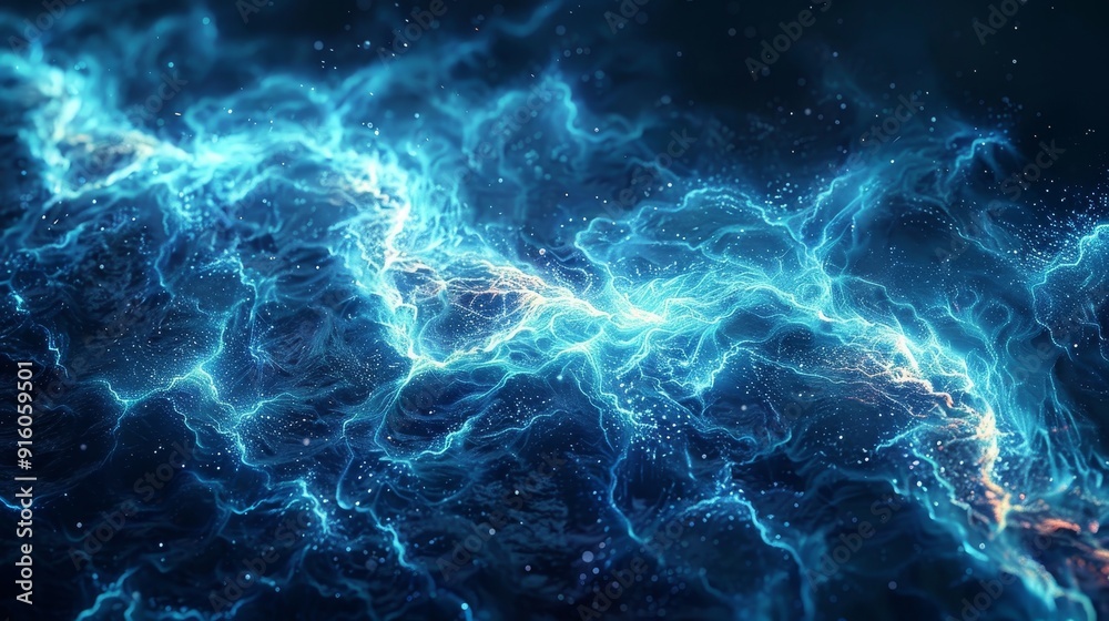 Poster blue abstract fractal energy background with mesmerizing glowing lines on a captivating dark backdro