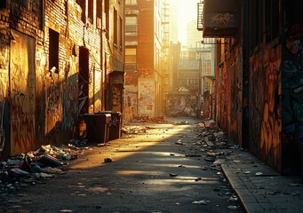 Fototapeta premium A gritty urban alleyway with graffiti-covered walls, litter scattered on the ground, soft sunlight casting long shadows, rough textures, capturing the imperfect beauty of everyday city struggling life