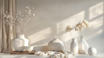 Minimalist white decor with vases and flowers