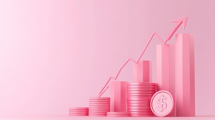 A simple pink graph arrow pointing upwards, with three stacks of coins placed below it. The background is light pink and the overall color scheme gives an atmosphere of growth and success