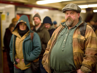 A man with a beard and a hat stands in a subway station with a group of people. He is wearing a green jacket and a plaid jacket