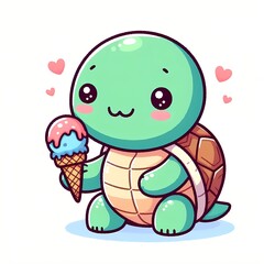 Obraz premium Cute Turtle Holding Ice Cream Cartoon Vector Icon Illustration