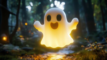 Cute cartoon ghost floating in a spooky forest.