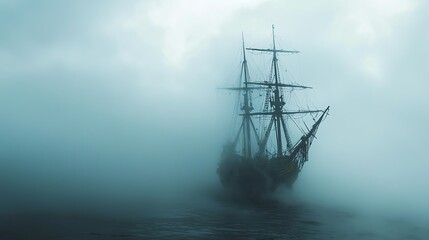 Obraz premium A lone sailing ship emerges from the mist on a calm sea.