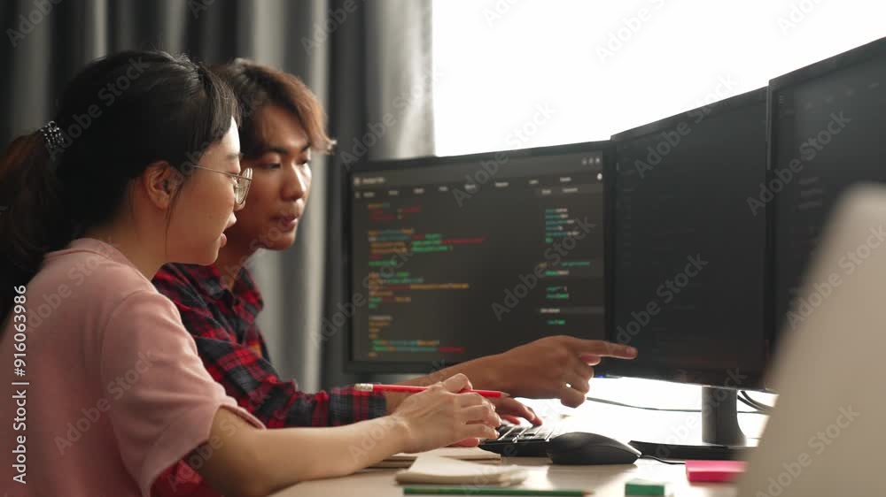 Wall mural slow motion back end software developer engineer for computer programming working together on debugg