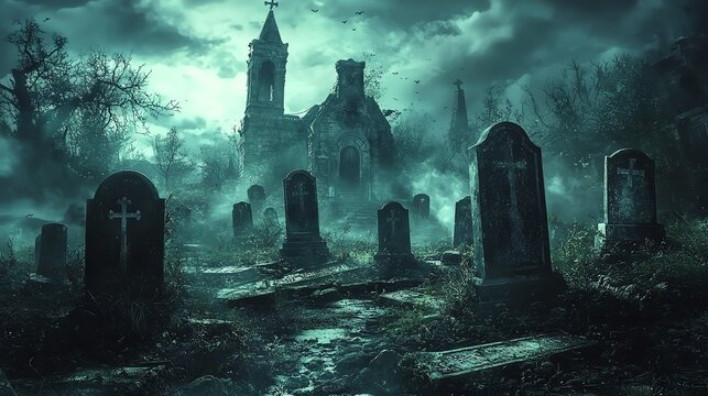 Spooky graveyard with a church in the background at night