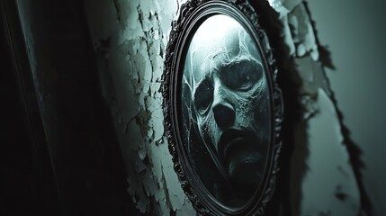 A spooky, antique mirror with a ghostly face reflected in its surface.