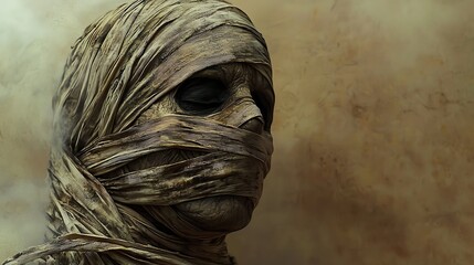 Close-up of a creepy, bandaged mummy face with one eye visible.