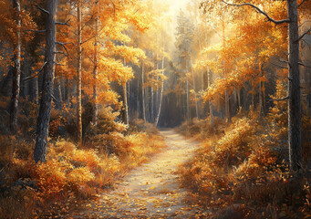 Fototapeta premium a narrow forest trail in autumn, surrounded by tall trees with golden leaves, the path covered in a thick layer of leaves, sun rays filtering through the branches. 