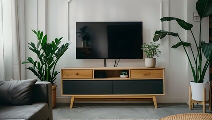 Minimalist living room with a wooden TV stand, white walls and a grey sofa, a black flat screen television on the cabinet.
