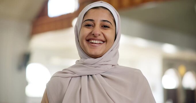 Smile, hijab and portrait of woman in mosque for spiritual confidence, inclusion and Islamic religion. Culture, faith and Muslim girl student with pride, happy face and school for traditional study
