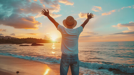 Fototapeta premium Happy man raising arms up enjoying sunset on the beach