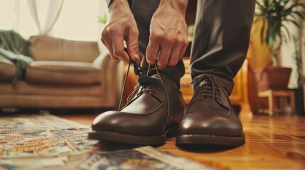 Man tying shoelaces.