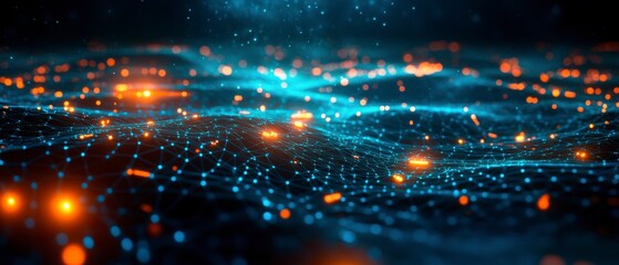 Obraz premium An abstract representation of a cybersecurity network: glowing nodes and lines in a dark digital environment.