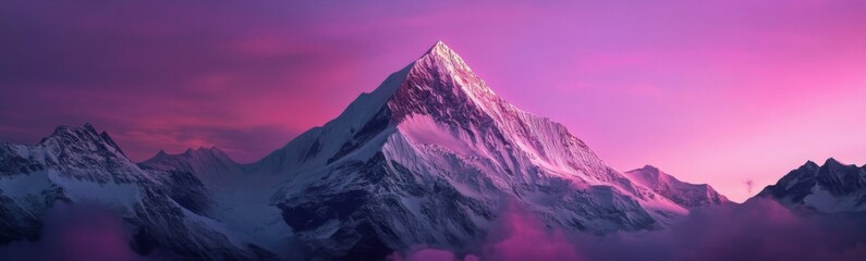 Fototapeta premium Majestic Snow-Capped Mountain Peaks Bathed in Surreal Purple and Pink Sunset, Exuding Tranquility and the Grandeur of Nature