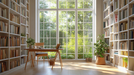 Zoom Background A bright and airy library white bookshelves with many books. large window overlooking a lush garden.
