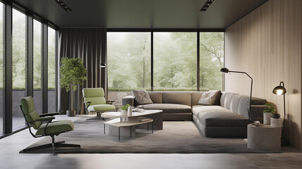 Fototapeta premium Zoom Background Modern Minimalist Office lounge with grey and green tones and seating