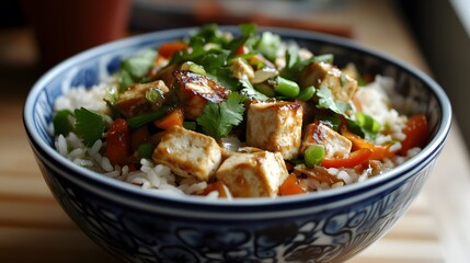 54. A fresh and crunchy vegetable stir-fry with tofu and rice