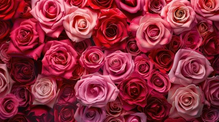 A beautiful variety of roses in shades of red and pink fills the space, creating a stunning floral arrangement