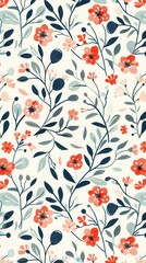 Delicate red and blue flowers with green foliage create a lively pattern on a white backdrop