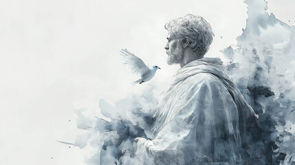 An elderly man with a long white beard, painted in watercolor, watches a white dove take flight. Generated by AI.