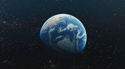 Obraz premium A blue planet, the earth, with white clouds in a dark space with stars.