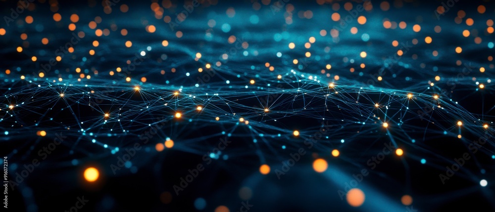 Wall mural an abstract representation of a cybersecurity network: glowing nodes and lines in a dark digital env