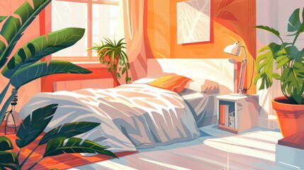 Sunlit Bedroom with Plants and a Window.