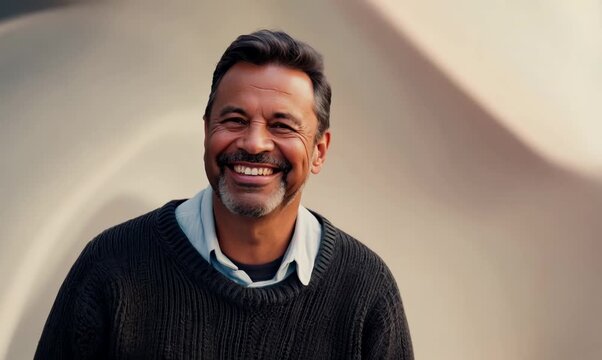 Environmental portrait video of a pleased man in his 40s wearing a cozy sweater against an abstract background