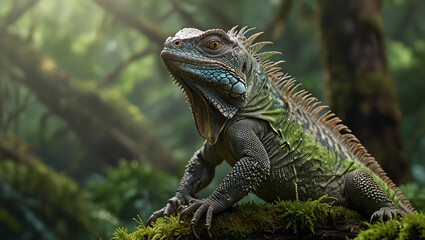 iguana on a mossy branch