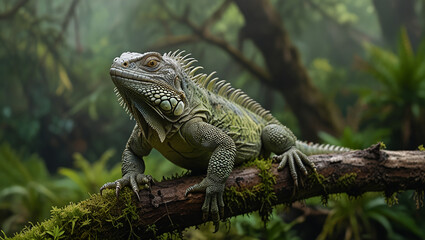 Fototapeta premium iguana on a mossy branch