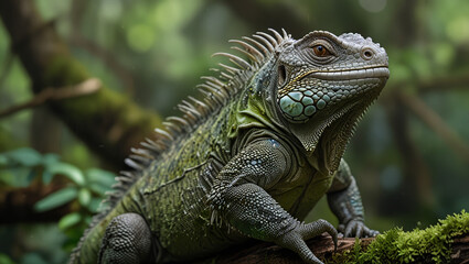 iguana on a mossy branch