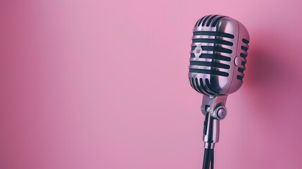 Fototapeta premium A vintage silver microphone against a light pink wall.