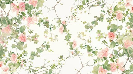 A lively floral design featuring pink roses intertwined with green leaves on a soft backdrop