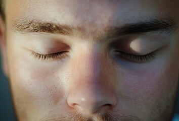 Obraz premium Man Embracing Serenity and Relaxation with Closed Eyes: A Close-up Portrait Capturing Tranquility and Peace