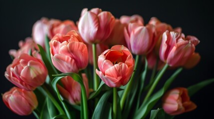 Fototapeta premium Bouquet of pink tulips against dark background