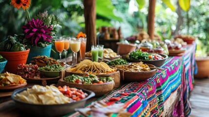 Fototapeta premium A Delicious Mexican Buffet Table Setting in a Tropical Garden