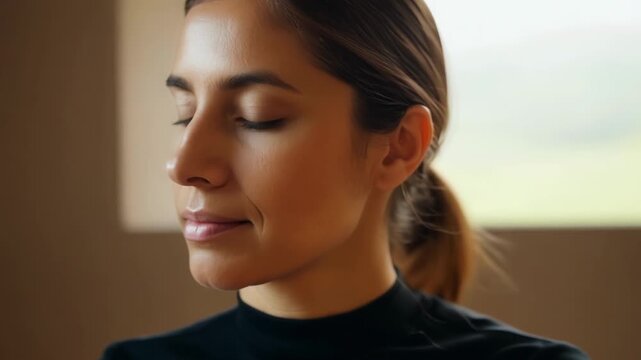 Tight shot of a peaceful yoga instructor leading a slow and deliberate flow emphasizing the importance of intentional movement and breath.