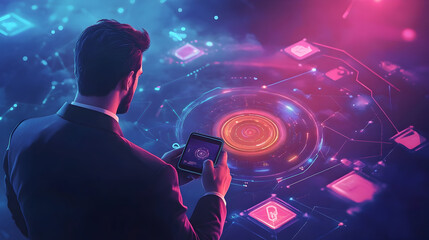 GameFi DeFi futuristic NFT GameFi decentralized finance play to earn, online digital technology. Businessman gamer with mobile phone graphic icon modern game business investment idea