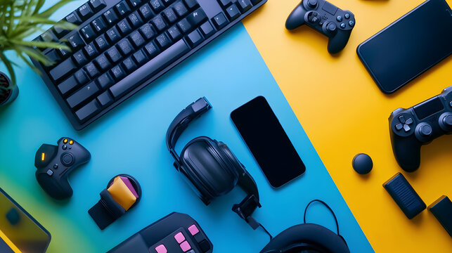Concept of a gaming workspace. A gaming setup is displayed from a top-down perspective, featuring an array of gaming equipment including a keyboard, mouse, gamepad, joystick,