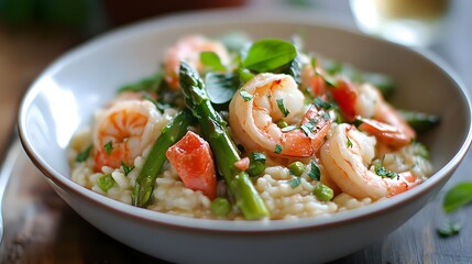 65. A delicious bowl of risotto with shrimp and asparagus