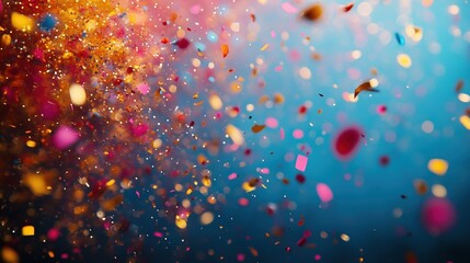 Brightly colored confetti and glitter scatter across a stunning blue-to-orange gradient background. Great for adding a lively touch to celebrations.