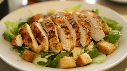 69. A crispy chicken Caesar salad with romaine lettuce and croutons
