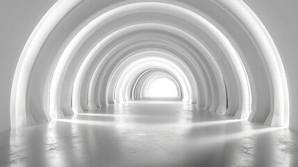 Fototapeta premium An abstract, minimalistic depiction of a tunnel with a white, glossy, reflective floor and white arches lined up. The end of the tunnel is bright white, creating a sense of mystery and hope.