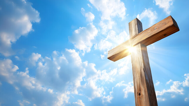 holy sunlight shining on the Christ wooden cross symbol with religious clouds on blue sky background.illustration