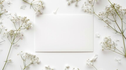 A blank white card surrounded by delicate white flowers on a white background.