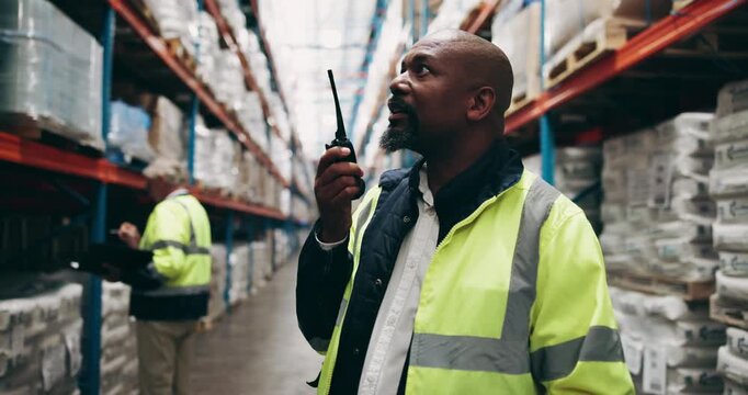 Man, supplier and communication with radio in storage warehouse or timelapse for logistics or supply chain. Contractor, male person or manager talking on microphone for control on stock or inventory